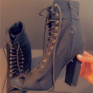 Peep Toe Black Lace-Up Ankle Boots